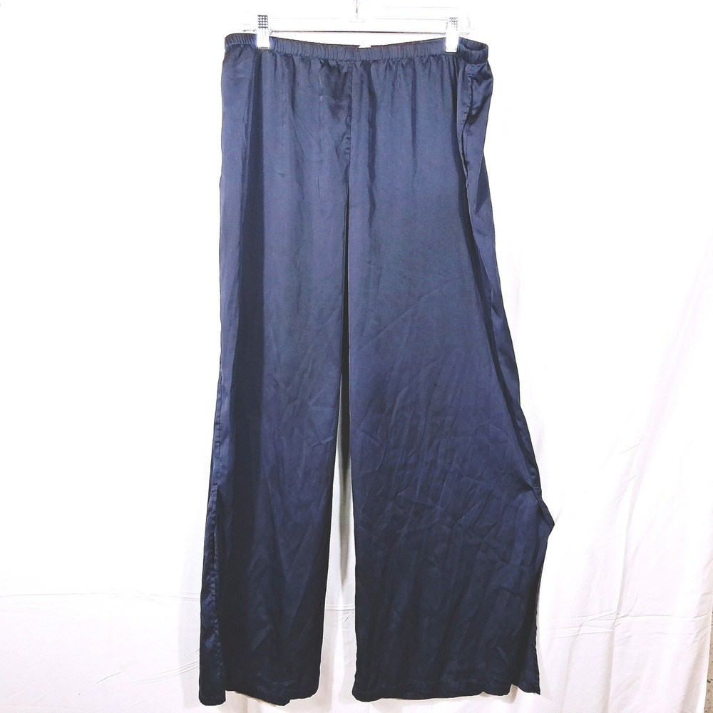 Auden Womens Navy Blue Satin Wide Leg Pajama Pants Sleepwear Size L Side Slits - Picture 2 of 6